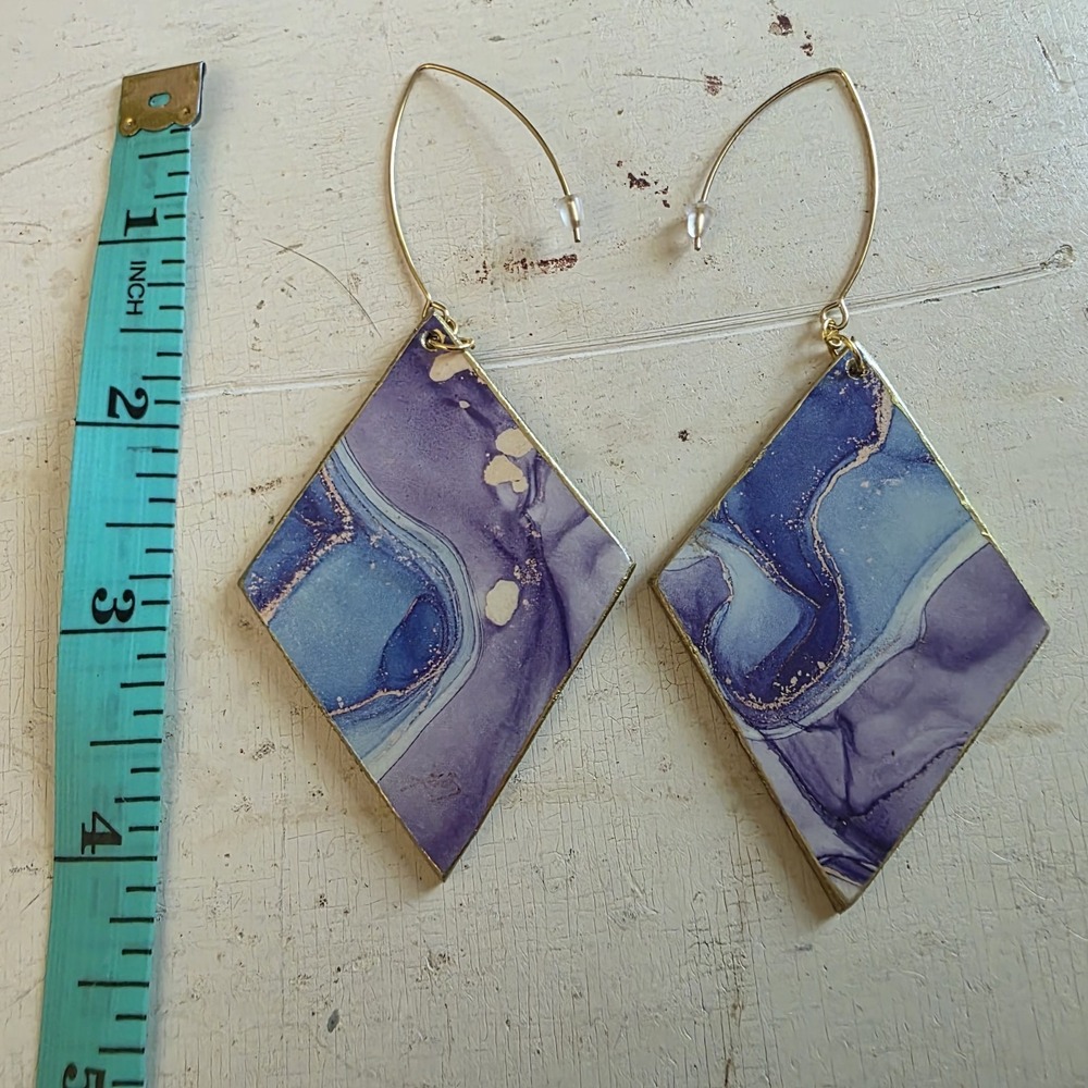Handmade Abstract Wood Statement Earrings OOAK Blurple Gold‎ Metallic Dangles - Picture 7 of 7